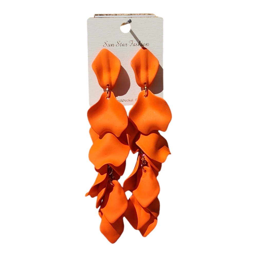 Sun Star Fashion Orange Rose Petal Long Statement Earrings